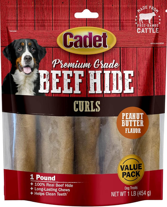 1 lb Cadet Premium Grade Beef Hide Chew Curls Peanut Butter Flavor