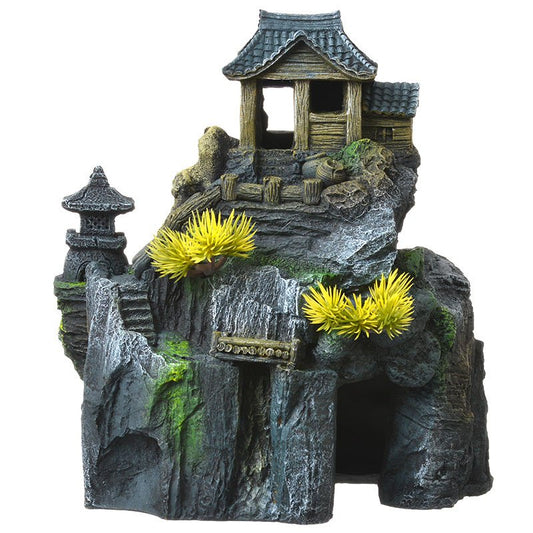 1 count Blue Ribbon Exotic Environments Asian Cottage House with Bonsai Aquarium Ornament