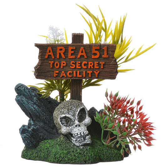 1 count Blue Ribbon Exotic Environments Area 51 Sign with Skull Aquarium Ornament