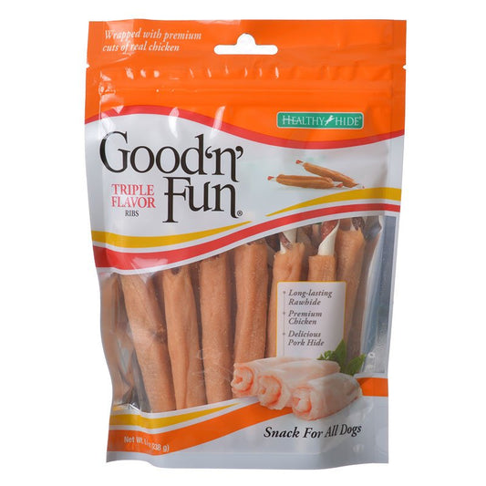 8.4 oz Healthy Hide Good'n' Fun Triple Flavor Ribs Rawhide, Chicken and Pork Hide