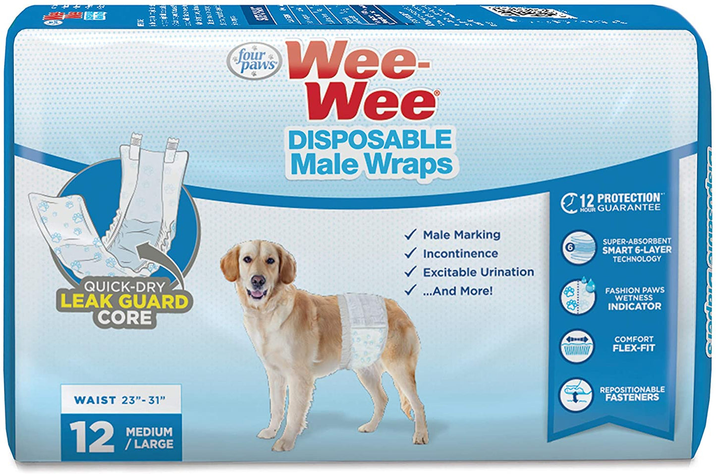 12 count Four Paws Wee Wee Disposable Male Dog Wraps Medium/Large