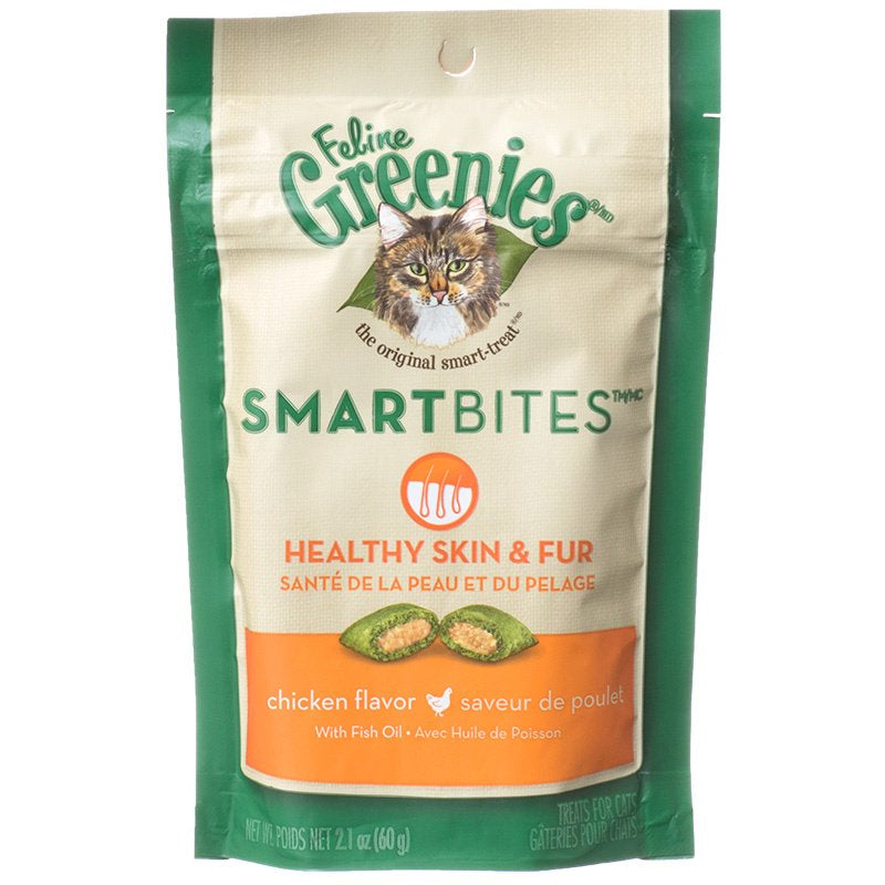 2.1 oz Greenies SmartBites Healthy Skin and Fur Cat Treats Chicken Flavor