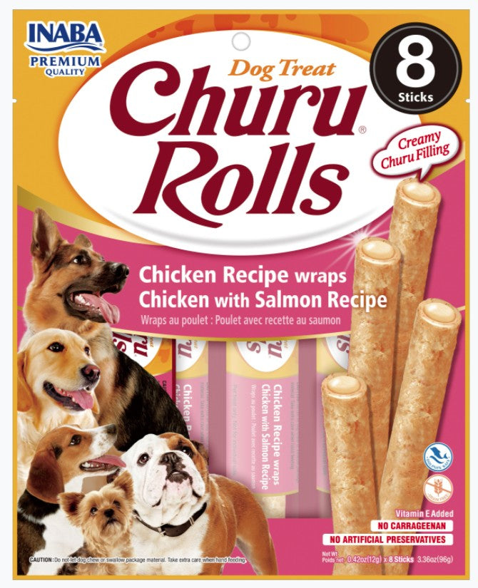 8 count Inaba Churu Rolls Dog Treat Chicken Recipe wraps Chicken with Salmon Recipe