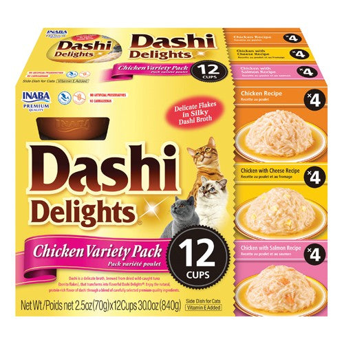 12 count Inaba Dashi Delight Chicken Flavored Variety Pack Bits in Broth Cat Food Topping