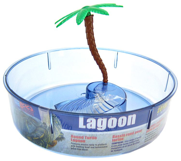 1 count Lees Round Turtle Lagoon with Access Ramp to Feeding Bowl and Palm Tree Decor