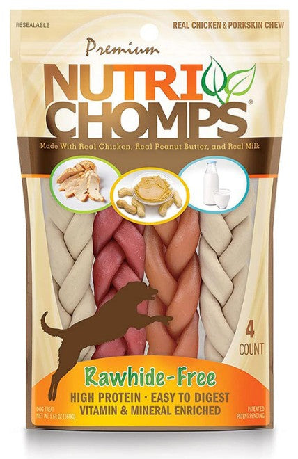 4 count Pork Chomps Premium Nutri Chomps Rawhide Free Chicken, Peanut Butter, Milk Dog Treats