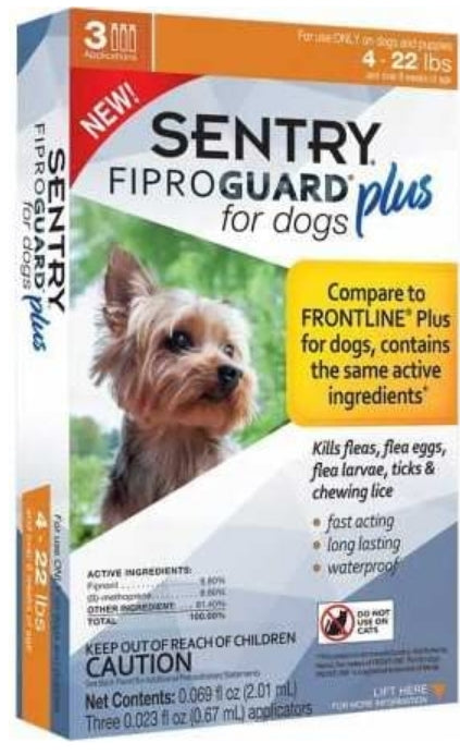 3 count Sentry FiproGuard Plus IGR Flea and Tick Control for Small Dogs and Puppies