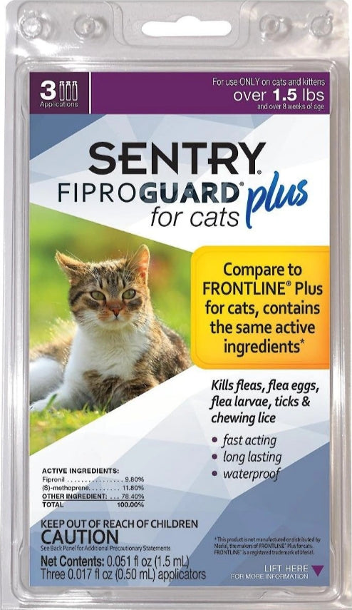 3 count Sentry FiproGuard Plus Flea and Tick Control for Cats and Kittens