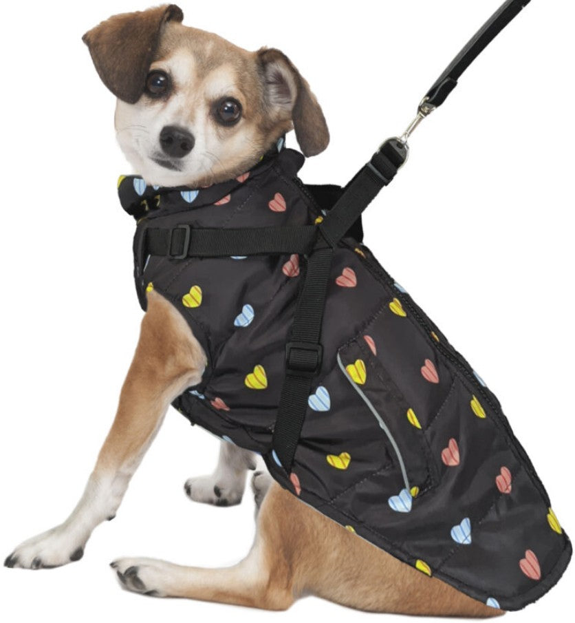 Medium - 1 count Fashion Pet Puffy Heart Harness Coat Black