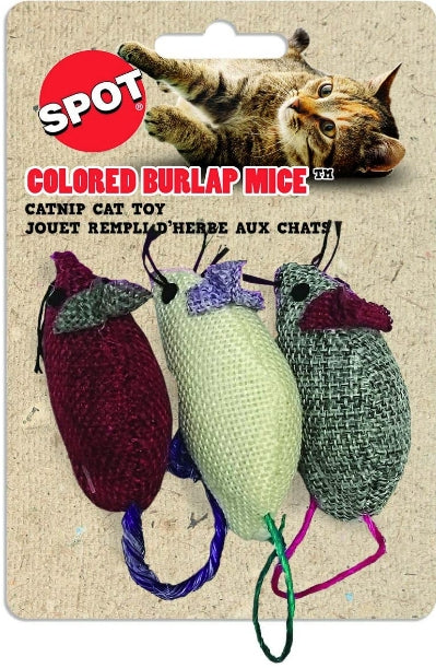 3 count Spot Colored Burlap Mice Catnip Cat Toy