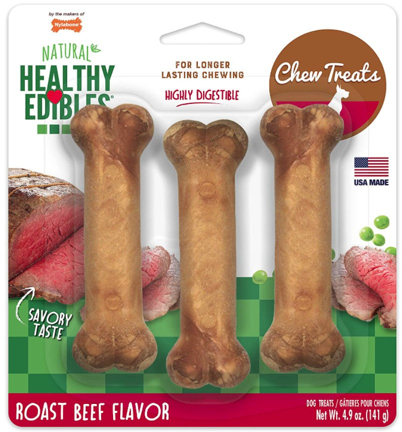 3 count Nylabone Natural Healthy Edibles Chew Dog Treats Roast Beef Regular