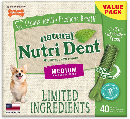 40 count Nylabone Natural Nutri Dent Fresh Breath Limited Ingredients Medium Dog Chews