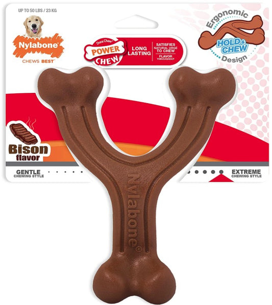 Giant - 1 count Nylabone Power Chew Wishbone Dog Chew Toy Bison Flavor