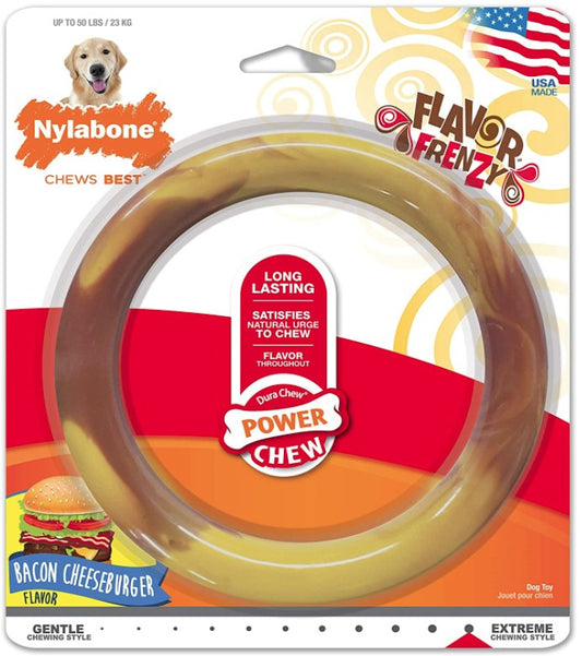 1 count Nylabone Power Chew Ring Dog Toy Bacon Cheeseburger Flavor Large