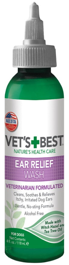 4 oz Vets Best Ear Relief Wash Natural Formula Alcohol-Free for Dogs