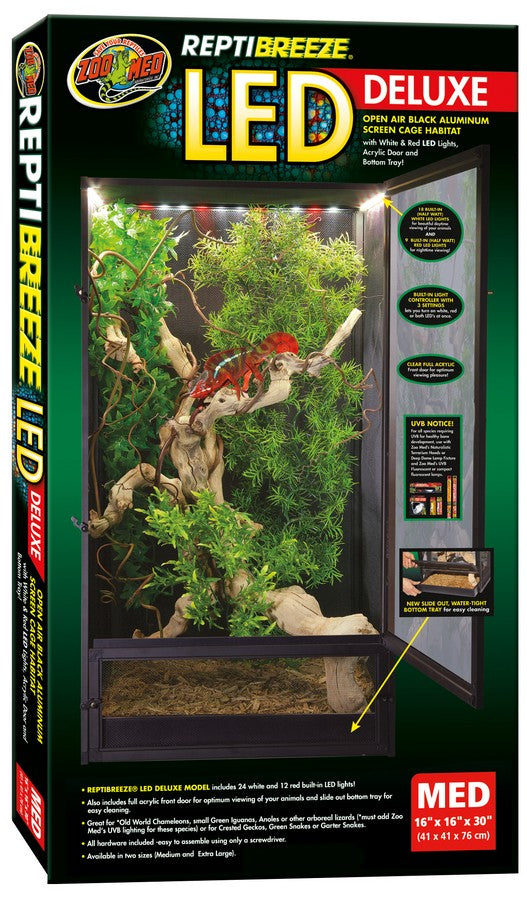 Medium - 1 count Zoo Med ReptiBreeze LED Deluxe Open Air Aluminum Screen Habitat